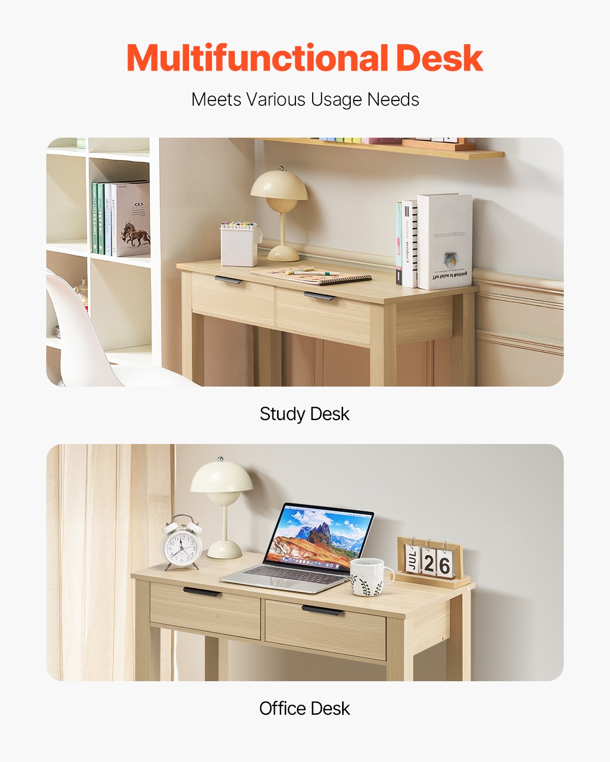 VEVOR Small Desk with Drawers, Kids Desk for Bedroom, Modern Simple Study Table for Drawing, Reading, Writing, Rectangle MDF Furniture Study Storage Table for Home, Office, Light Wood - ETBMSZZFXXCWEQAXB001V0 - view 7