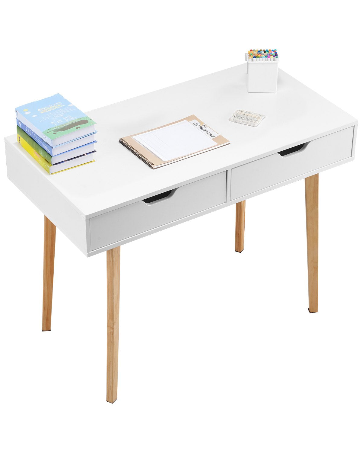 VEVOR Small Desk with Drawers, Kids Desk for Bedroom, Wooden Simple Study Table for Drawing, Reading, Writing, Rectangle MDF Furniture Study Storage Table for Home, Office, White + Wood - ETBMSZZFXXCWO9O9H001V0 - view 1
