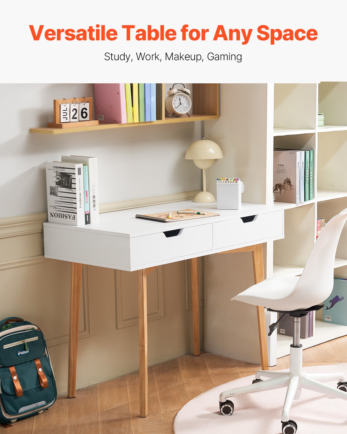 VEVOR Small Desk with Drawers, Kids Desk for Bedroom, Wooden Simple Study Table for Drawing, Reading, Writing, Rectangle MDF Furniture Study Storage Table for Home, Office, White + Wood - ETBMSZZFXXCWO9O9H001V0 - view 3
