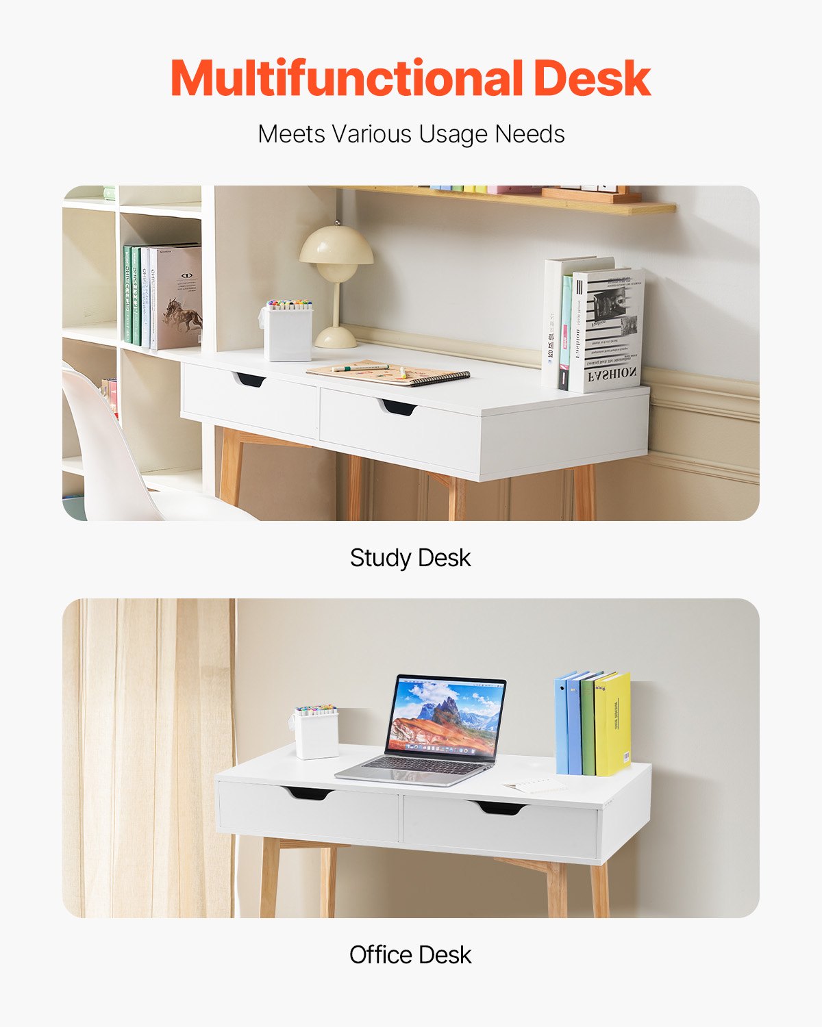 VEVOR Small Desk with Drawers, Kids Desk for Bedroom, Wooden Simple Study Table for Drawing, Reading, Writing, Rectangle MDF Furniture Study Storage Table for Home, Office, White + Wood - ETBMSZZFXXCWO9O9H001V0 - view 7