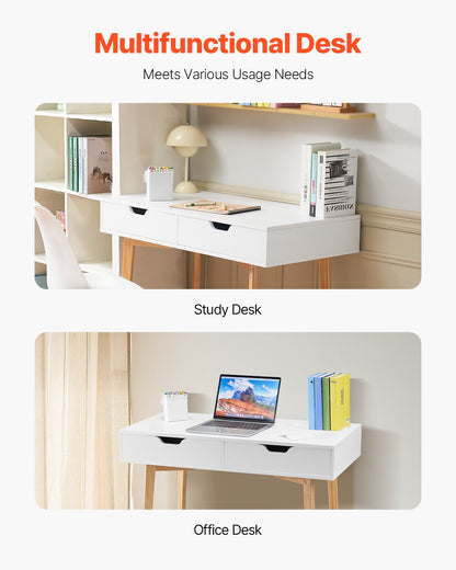 VEVOR Small Desk with Drawers, Kids Desk for Bedroom, Wooden Simple Study Table for Drawing, Reading, Writing, Rectangle MDF Furniture Study Storage Table for Home, Office, White + Wood - ETBMSZZFXXCWO9O9H001V0 - view 7
