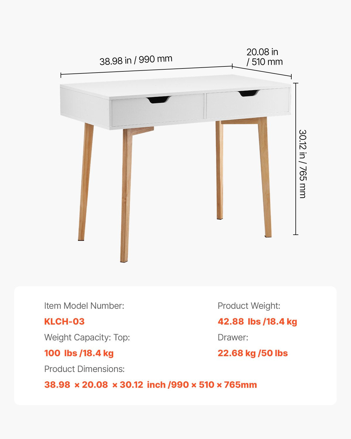 VEVOR Small Desk with Drawers, Kids Desk for Bedroom, Wooden Simple Study Table for Drawing, Reading, Writing, Rectangle MDF Furniture Study Storage Table for Home, Office, White + Wood - ETBMSZZFXXCWO9O9H001V0 - view 8