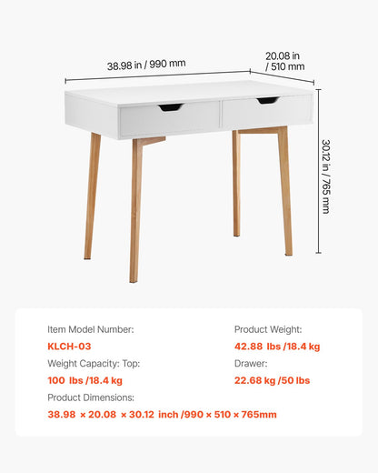 VEVOR Small Desk with Drawers, Kids Desk for Bedroom, Wooden Simple Study Table for Drawing, Reading, Writing, Rectangle MDF Furniture Study Storage Table for Home, Office, White + Wood - ETBMSZZFXXCWO9O9H001V0 - view 8