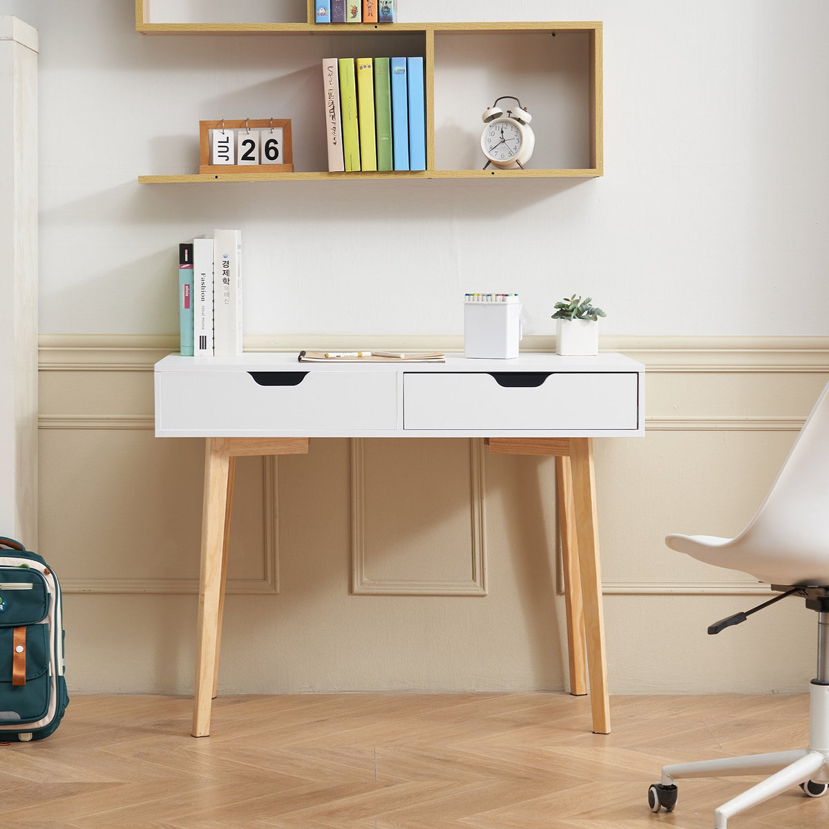 VEVOR Small Desk with Drawers, Kids Desk for Bedroom, Wooden Simple Study Table for Drawing, Reading, Writing, Rectangle MDF Furniture Study Storage Table for Home, Office, White + Wood - ETBMSZZFXXCWO9O9H001V0 - view 9