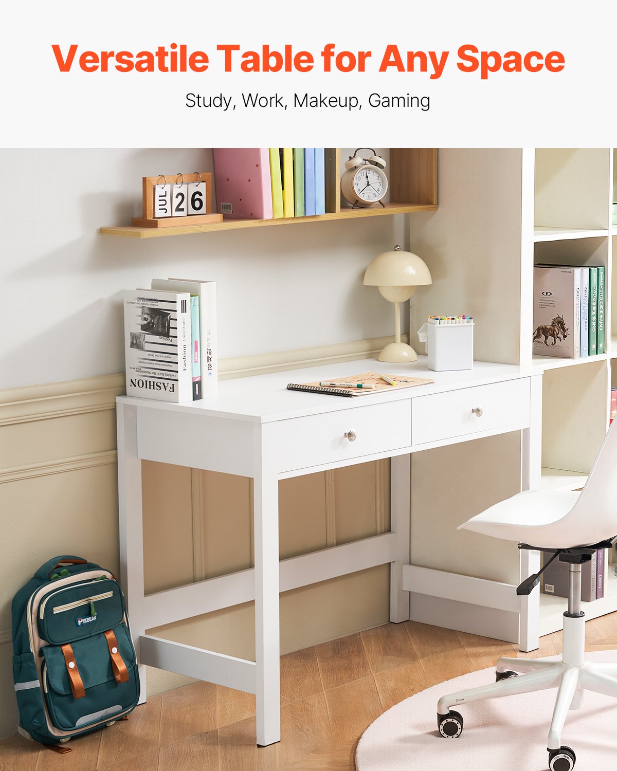 VEVOR Small Desk with Drawers, Kids Desk for Bedroom, Modern Simple Study Table for Drawing, Reading, Writing, Rectangle MDF Furniture Study Storage Table for Home, Office, White - ETBMSZZFXXCWZES3L001V0 - view 3