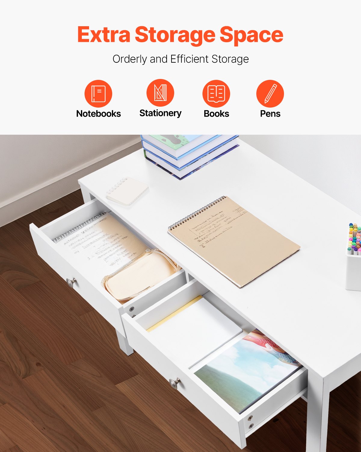 VEVOR Small Desk with Drawers, Kids Desk for Bedroom, Modern Simple Study Table for Drawing, Reading, Writing, Rectangle MDF Furniture Study Storage Table for Home, Office, White - ETBMSZZFXXCWZES3L001V0 - view 5