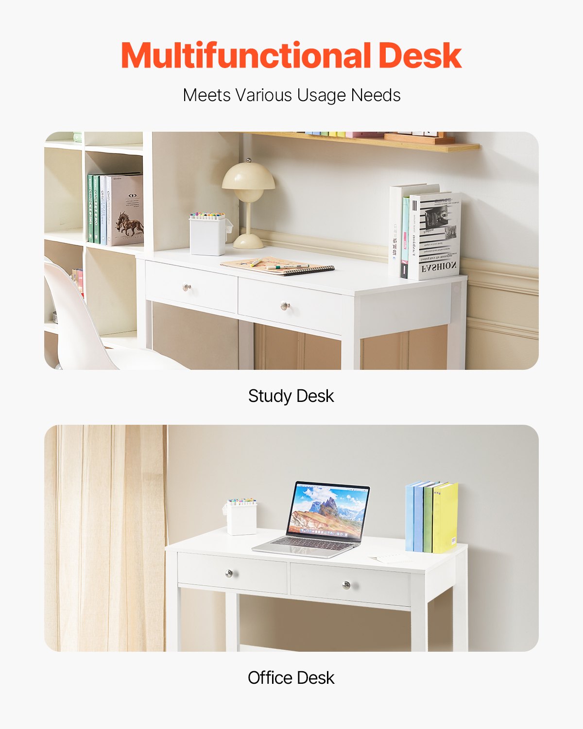 VEVOR Small Desk with Drawers, Kids Desk for Bedroom, Modern Simple Study Table for Drawing, Reading, Writing, Rectangle MDF Furniture Study Storage Table for Home, Office, White - ETBMSZZFXXCWZES3L001V0 - view 7