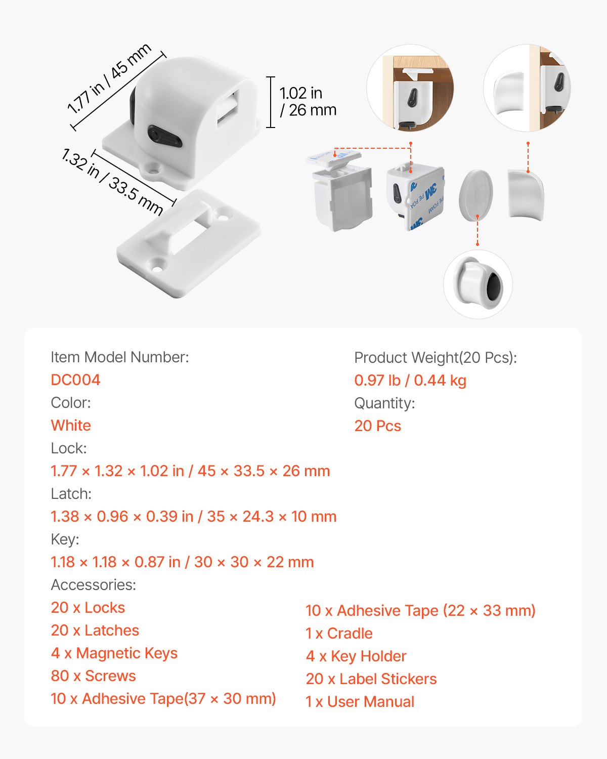 VEVOR Child Safety Magnetic Cabinet Locks, 20 Packs Baby Proofing Cabinet Locks with 4 Keys & 4 Holders, 2 Installation Choice, 3M Adhesives & Screws Included, Children Proof Cupboard Drawers Latches - ETCJCXYXS20PLRWPIV0 - view 8