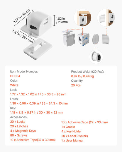 VEVOR Child Safety Magnetic Cabinet Locks, 20 Packs Baby Proofing Cabinet Locks with 4 Keys & 4 Holders, 2 Installation Choice, 3M Adhesives & Screws Included, Children Proof Cupboard Drawers Latches - ETCJCXYXS20PLRWPIV0 - view 8