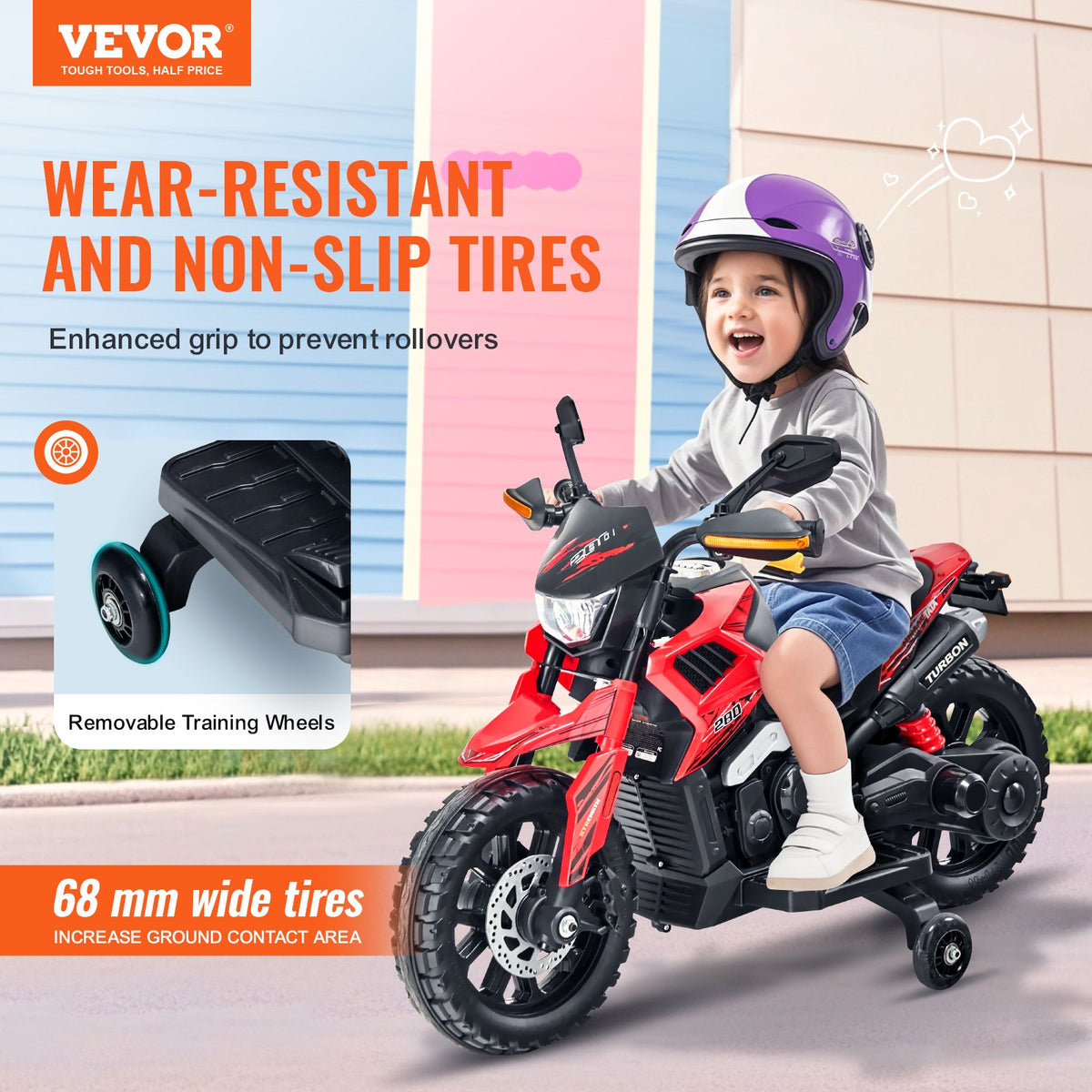 VEVOR Kids Ride On Motorcycle, 12V Battery Powered Electric Motorcycle with Speed Up to 3mph, Detachable Training Wheels, Headlight, LED Light, Music, Bluetooth, Gift for Children Boys Girls Aged 3-4 - ETCQMTCLLMTC7SZV6V1 - view 3