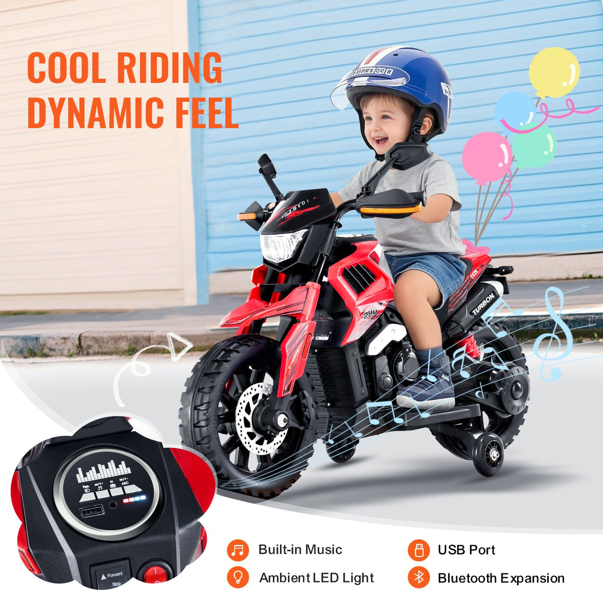 VEVOR Kids Ride On Motorcycle, 12V Battery Powered Electric Motorcycle with Speed Up to 3mph, Detachable Training Wheels, Headlight, LED Light, Music, Bluetooth, Gift for Children Boys Girls Aged 3-4 - ETCQMTCLLMTC7SZV6V1 - view 6