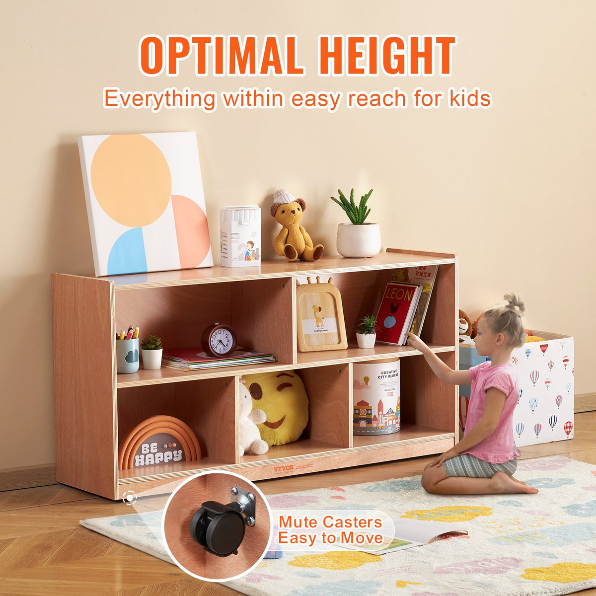 VEVOR Cubby Mobile Tray Storage Cabinet, 5-Compartment Cubby Storage Shelf, Cubby Storage Cabinet 2-shelf, Classroom Cubbies, Classroom Furniture for Home, Daycare and Preschool, Natural - ETCWG1314216XGH4BV0 - view 4