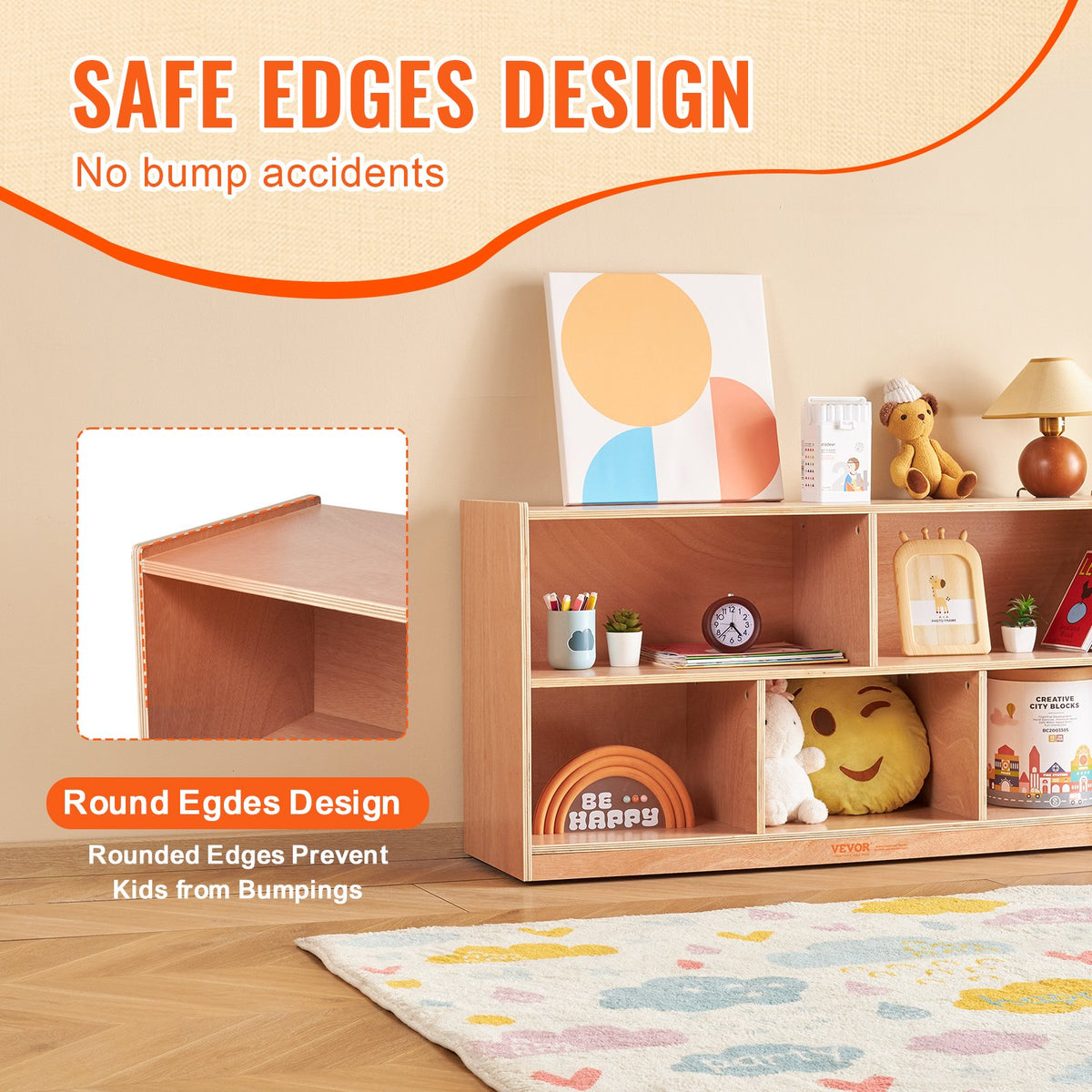 VEVOR Cubby Mobile Tray Storage Cabinet, 5-Compartment Cubby Storage Shelf, Cubby Storage Cabinet 2-shelf, Classroom Cubbies, Classroom Furniture for Home, Daycare and Preschool, Natural - ETCWG1314216XGH4BV0 - view 5