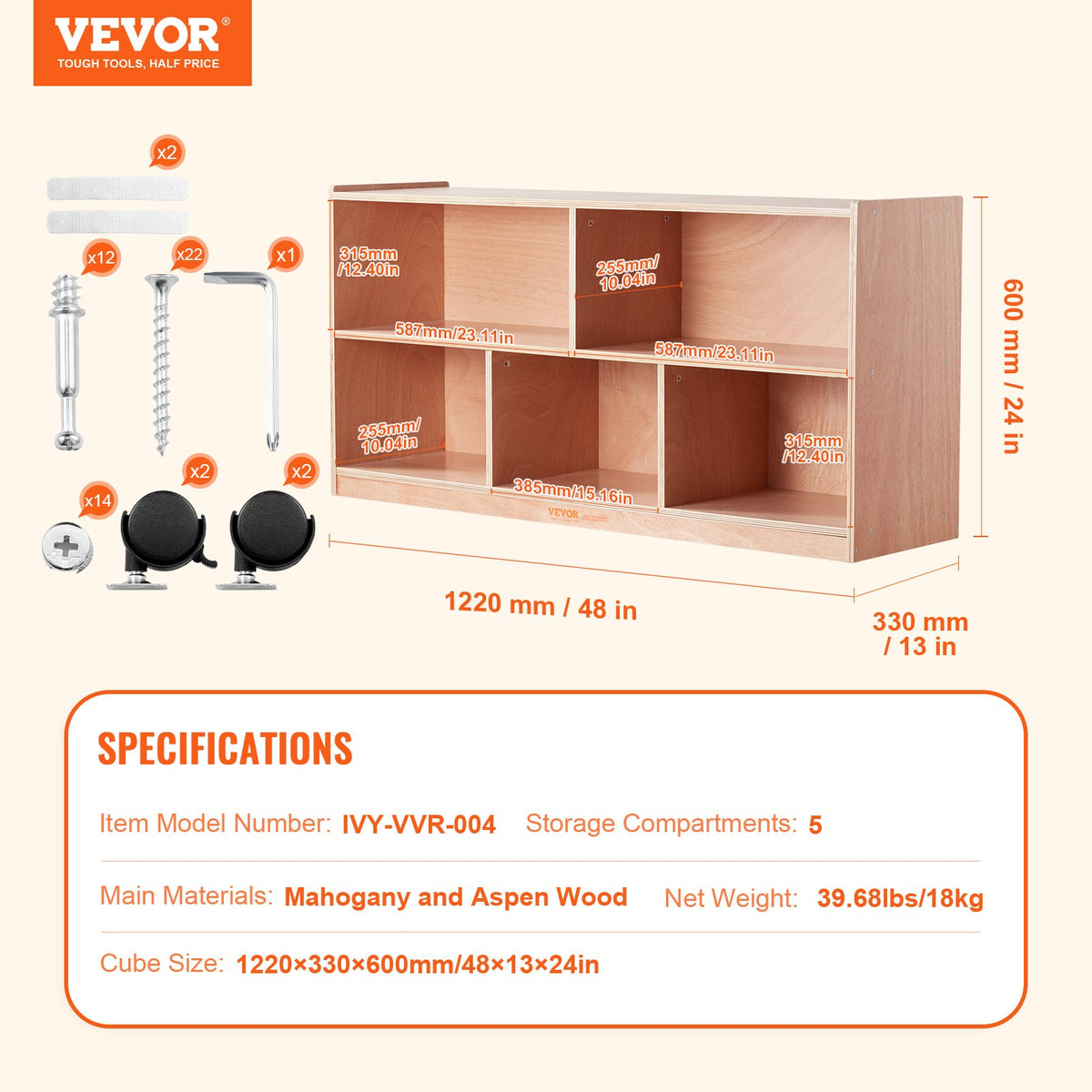 VEVOR Cubby Mobile Tray Storage Cabinet, 5-Compartment Cubby Storage Shelf, Cubby Storage Cabinet 2-shelf, Classroom Cubbies, Classroom Furniture for Home, Daycare and Preschool, Natural - ETCWG1314216XGH4BV0 - view 8
