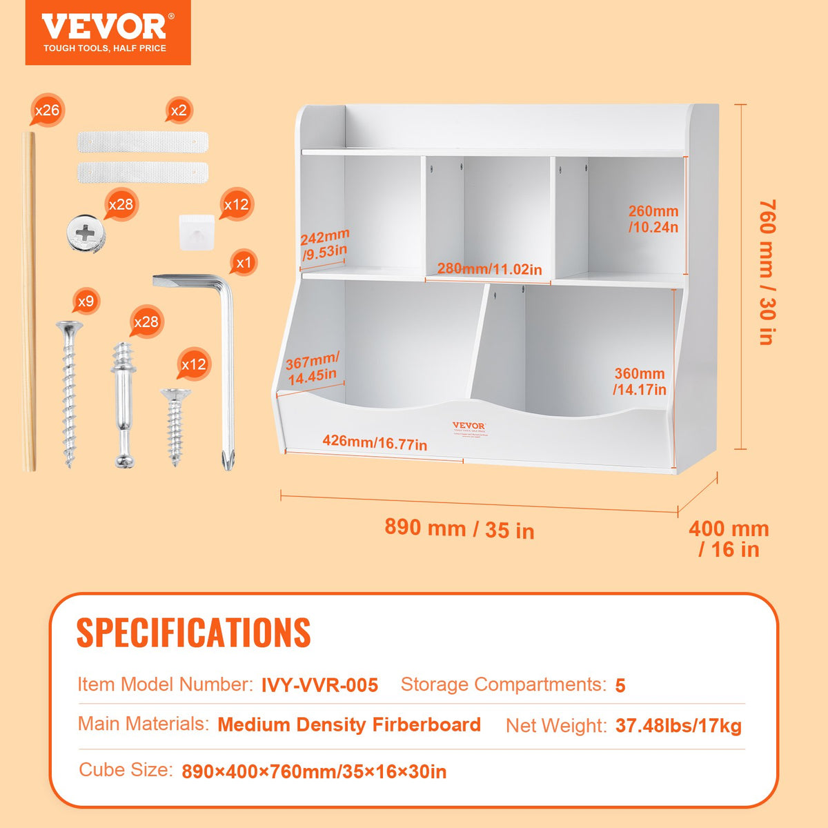 VEVOR Wood Kid Storage Cubby, Toy Storage Organizer with Bookshelf, 5-Cubby Wood Toy Storage Cabinet, Children Book Toy Shelf for Kids Room, Playroom, Kindergarten, Nursery, White - ETCWG9848140XOTT5V0 - view 8