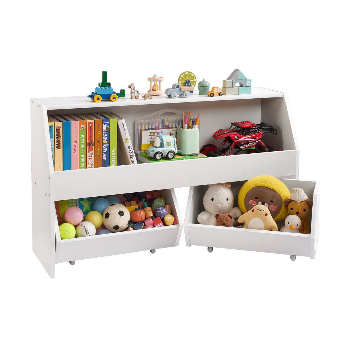 VEVOR Toy Storage Organizer, Wooden Kids Bookshelf with Storage, Toy Storage Cabinet with 2 Mobile Drawers, Kids Storage Organizer for Bedroom, Nursery, Living Room, Entryway, Preschool, White - ETCWJGZMZ31455ZAA001V0 - view 1
