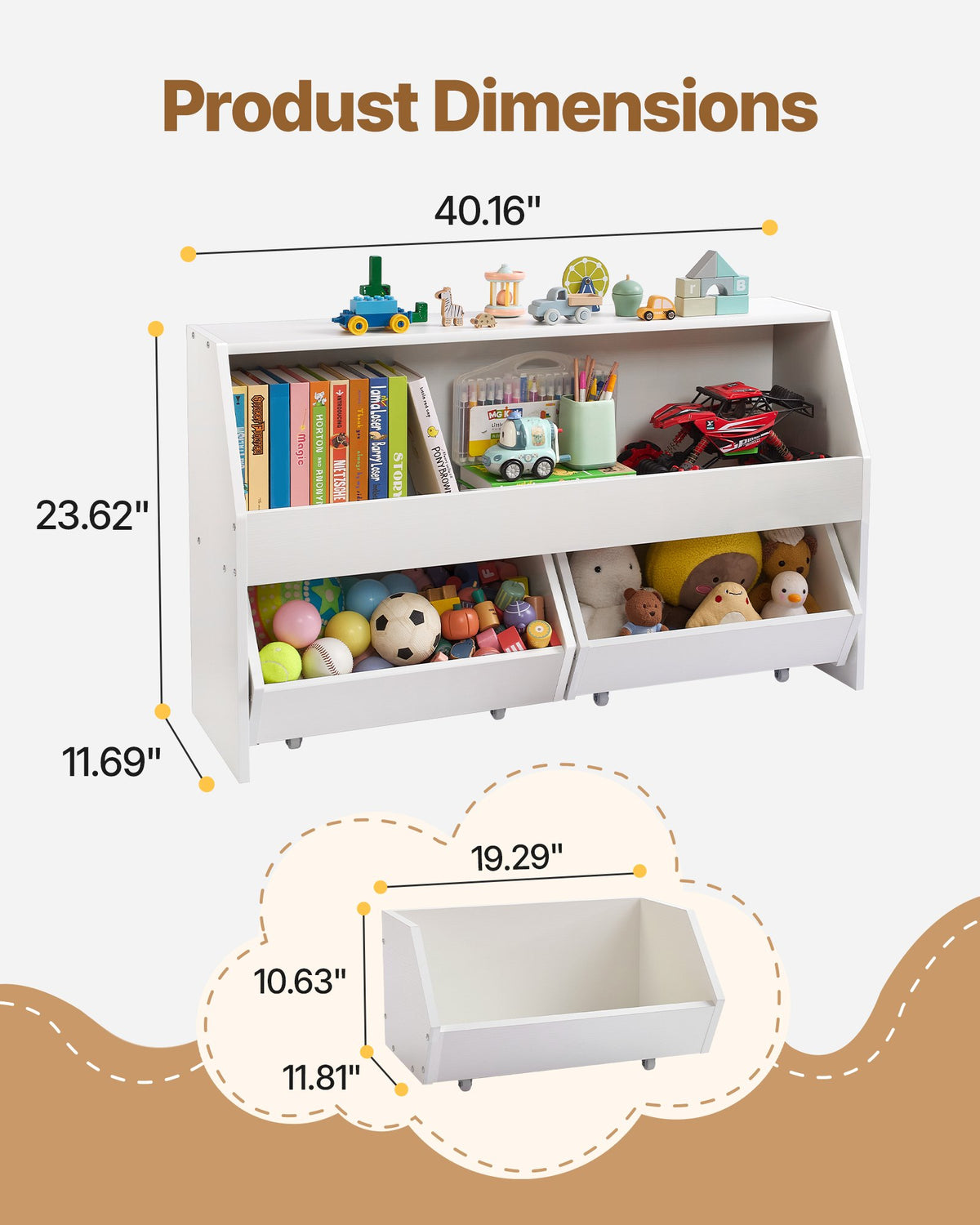 VEVOR Toy Storage Organizer, Wooden Kids Bookshelf with Storage, Toy Storage Cabinet with 2 Mobile Drawers, Kids Storage Organizer for Bedroom, Nursery, Living Room, Entryway, Preschool, White - ETCWJGZMZ31455ZAA001V0 - view 3