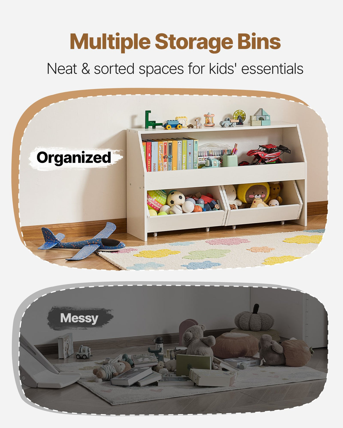 VEVOR Toy Storage Organizer, Wooden Kids Bookshelf with Storage, Toy Storage Cabinet with 2 Mobile Drawers, Kids Storage Organizer for Bedroom, Nursery, Living Room, Entryway, Preschool, White - ETCWJGZMZ31455ZAA001V0 - view 4