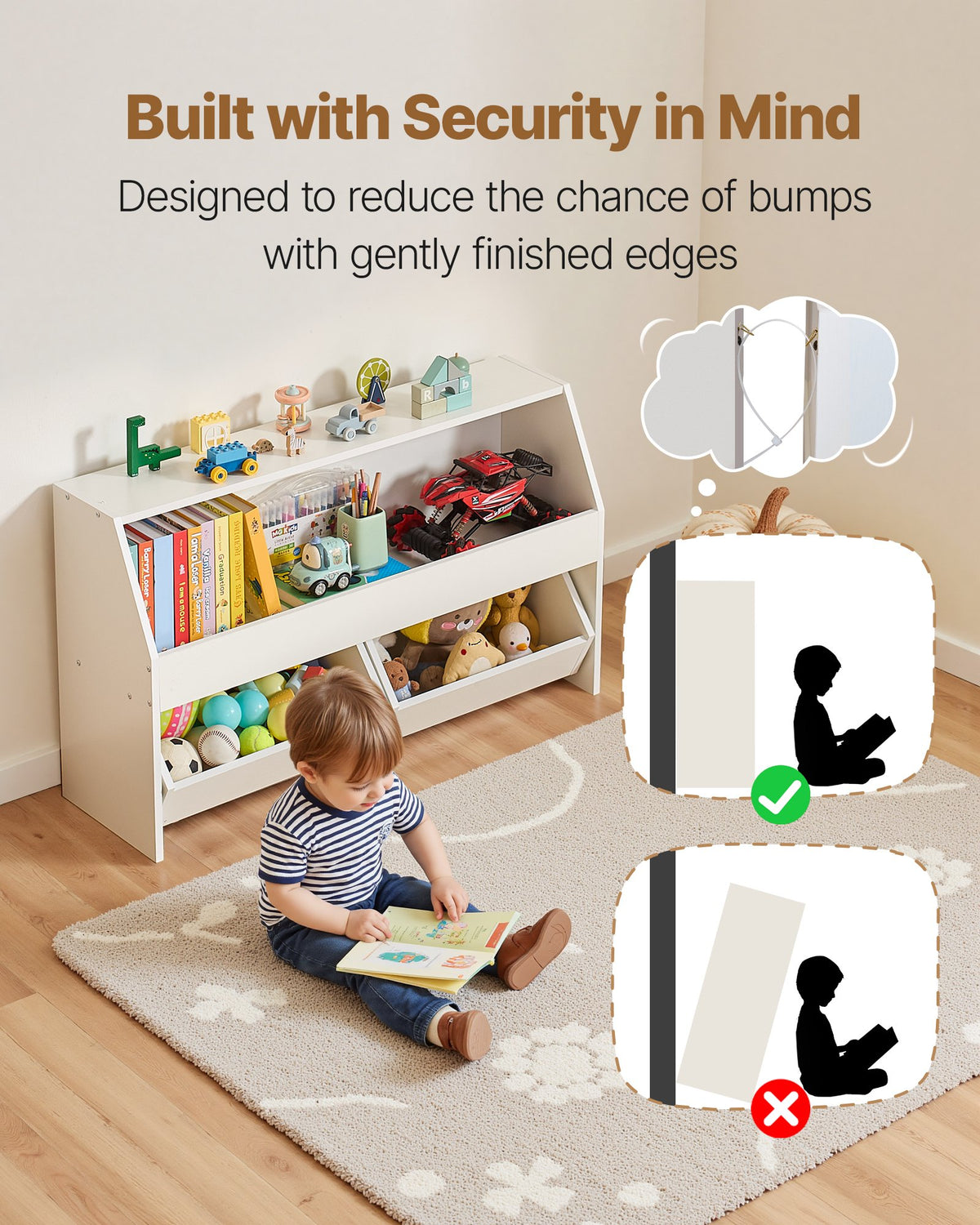 VEVOR Toy Storage Organizer, Wooden Kids Bookshelf with Storage, Toy Storage Cabinet with 2 Mobile Drawers, Kids Storage Organizer for Bedroom, Nursery, Living Room, Entryway, Preschool, White - ETCWJGZMZ31455ZAA001V0 - view 6
