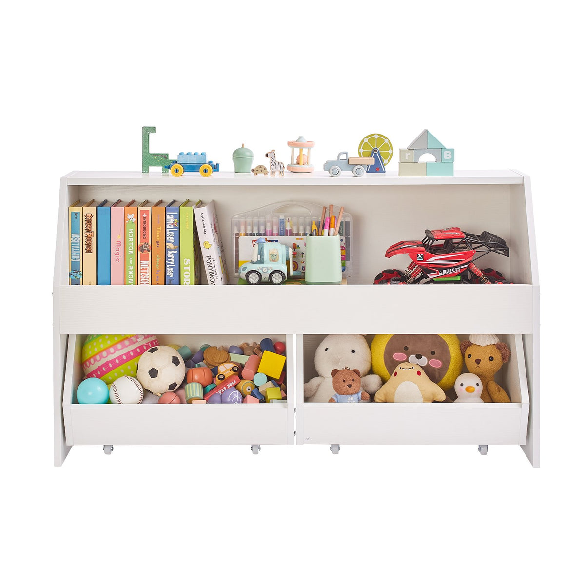 VEVOR Toy Storage Organizer, Wooden Kids Bookshelf with Storage, Toy Storage Cabinet with 2 Mobile Drawers, Kids Storage Organizer for Bedroom, Nursery, Living Room, Entryway, Preschool, White - ETCWJGZMZ31455ZAA001V0 - view 10