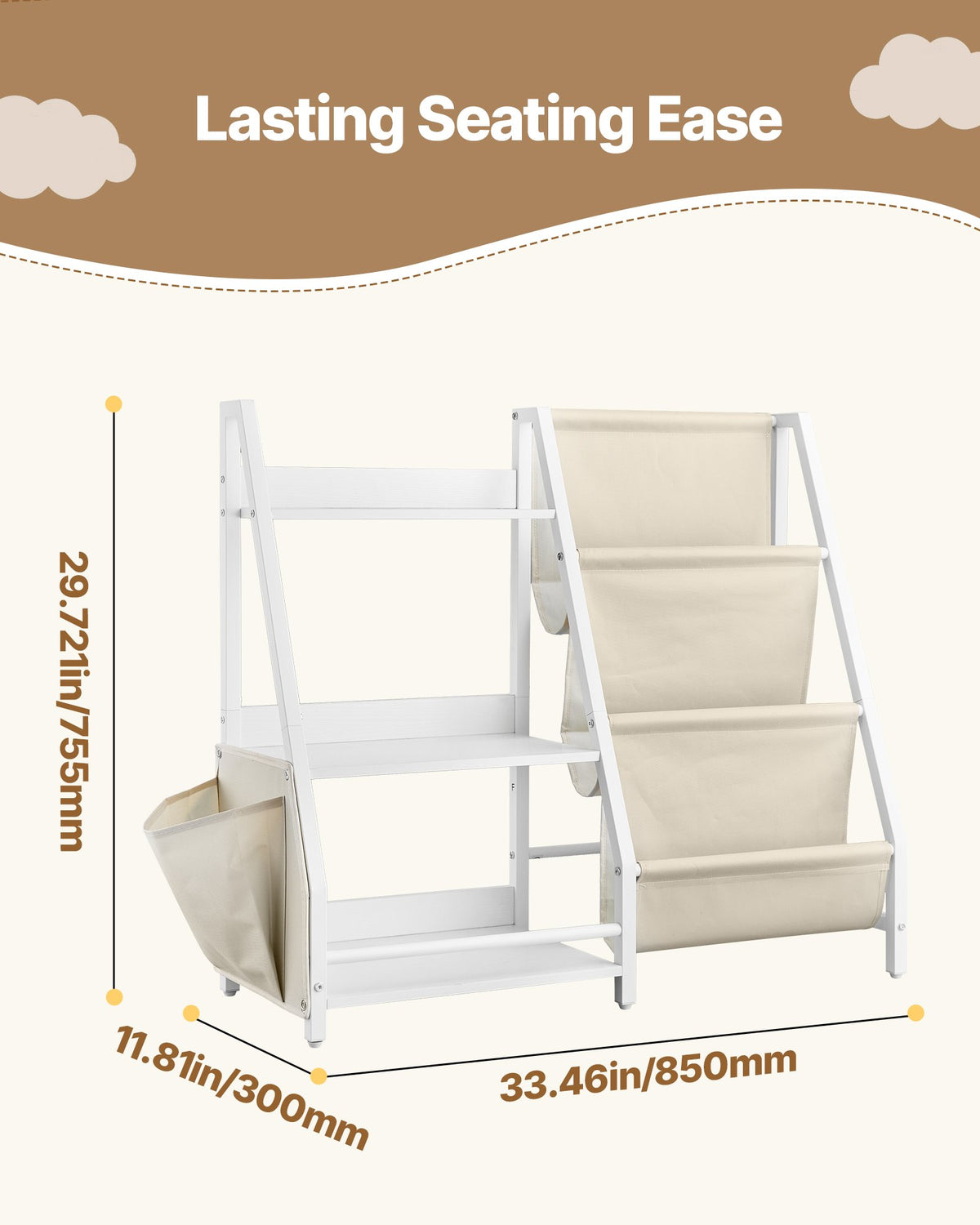 VEVOR 3-Tier Kids Bookshelf, Toy Storage Organizer for Toddler, Book Shelf for Kids Rooms with Sling Book Rack and Storage Bag, Kids Storage Book Shelves for Kids Room, Playroom, Kindergarten, Nursery - ETCWJJDJS314YWJPR001V0 - view 3