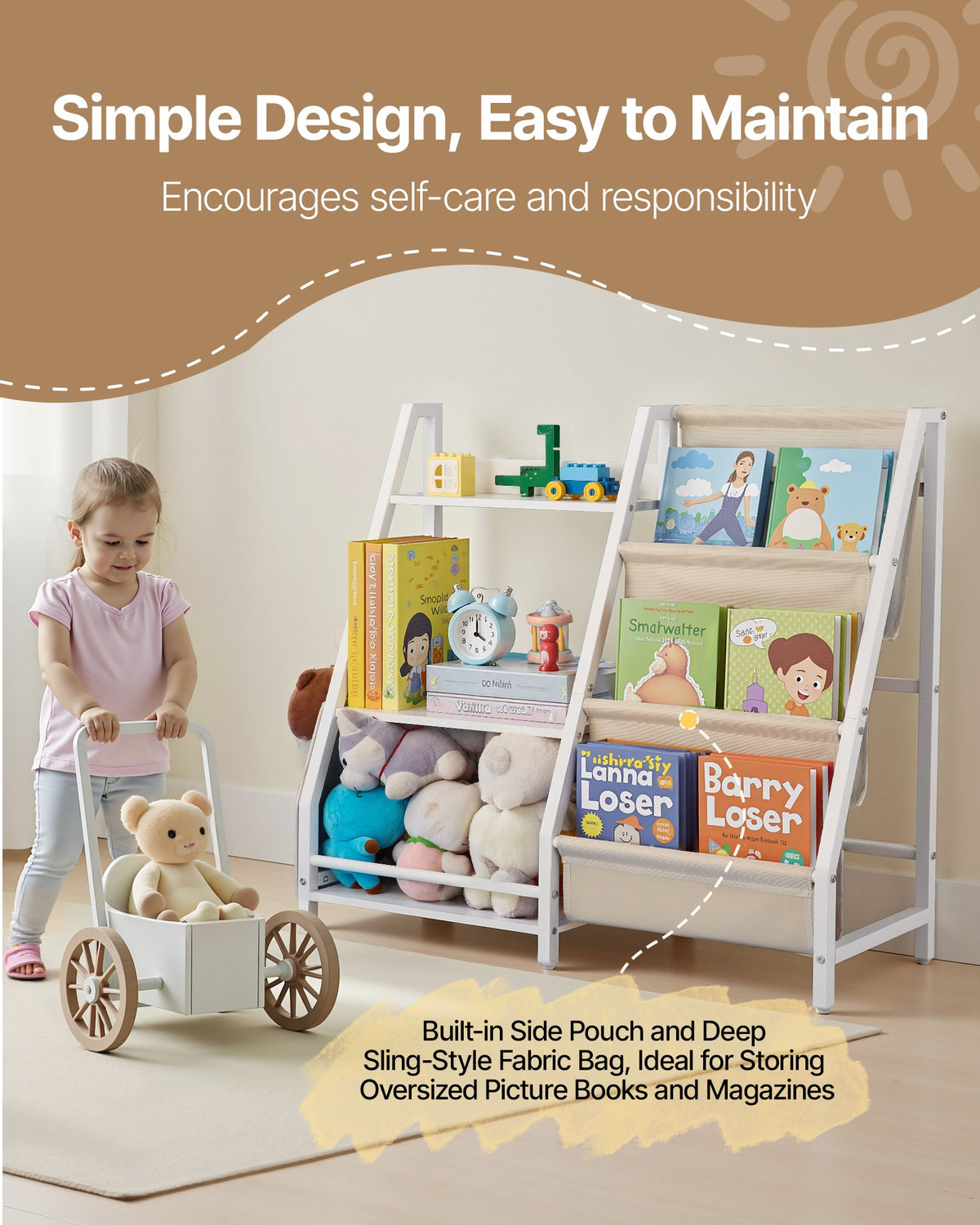 VEVOR 3-Tier Kids Bookshelf, Toy Storage Organizer for Toddler, Book Shelf for Kids Rooms with Sling Book Rack and Storage Bag, Kids Storage Book Shelves for Kids Room, Playroom, Kindergarten, Nursery - ETCWJJDJS314YWJPR001V0 - view 5