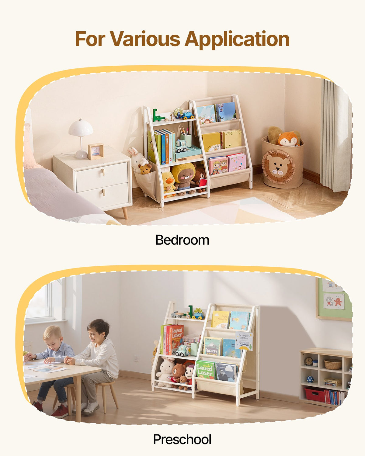 VEVOR 3-Tier Kids Bookshelf, Toy Storage Organizer for Toddler, Book Shelf for Kids Rooms with Sling Book Rack and Storage Bag, Kids Storage Book Shelves for Kids Room, Playroom, Kindergarten, Nursery - ETCWJJDJS314YWJPR001V0 - view 8