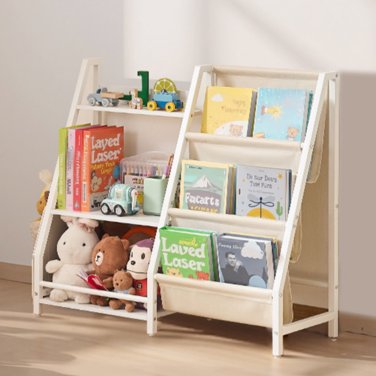 VEVOR 3-Tier Kids Bookshelf, Toy Storage Organizer for Toddler, Book Shelf for Kids Rooms with Sling Book Rack and Storage Bag, Kids Storage Book Shelves for Kids Room, Playroom, Kindergarten, Nursery - ETCWJJDJS314YWJPR001V0 - view 9