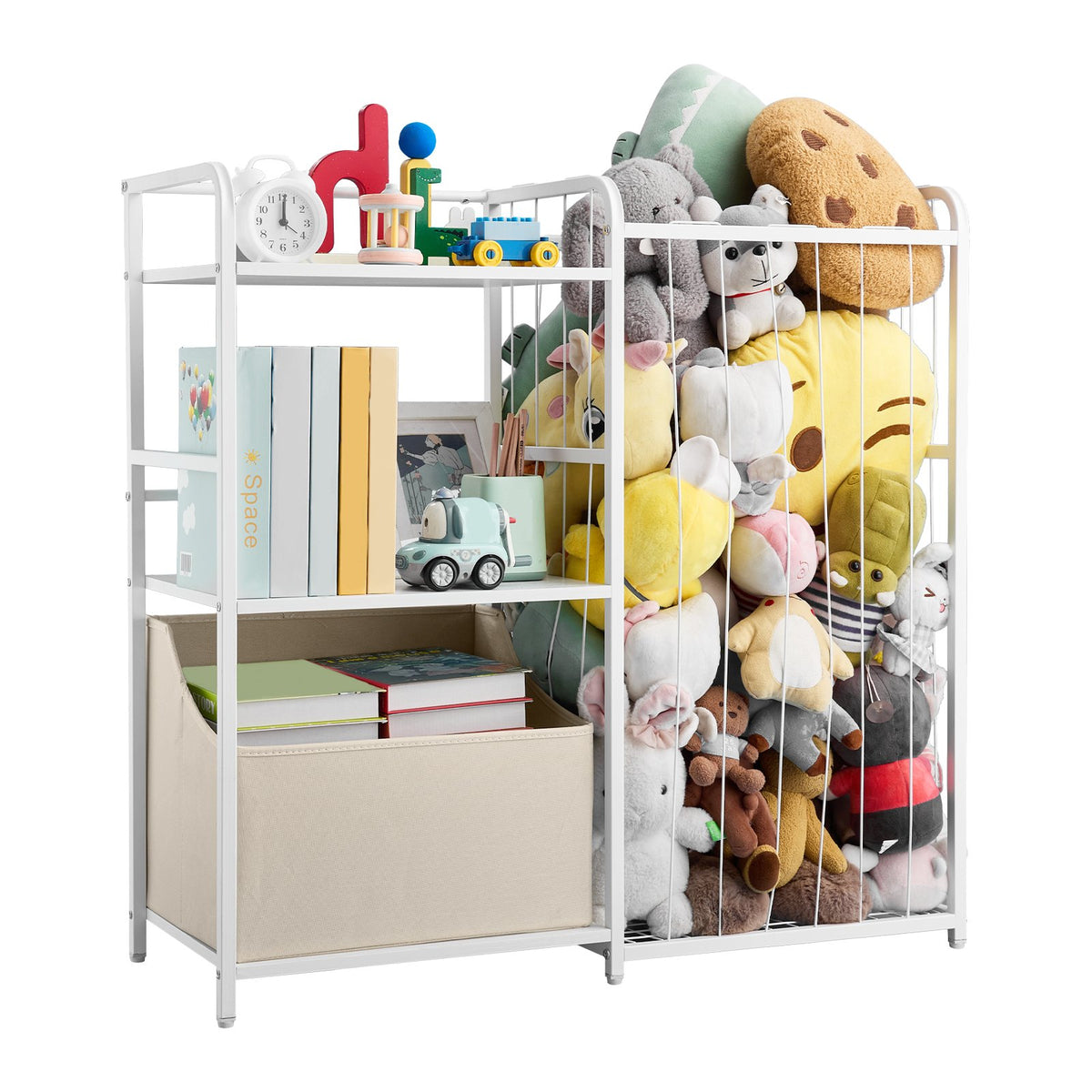 VEVOR Kids Bookshelf and Stuffed Animal Storage, Toy Storage Organizer, 2-Tier Book Shelf with Fabric Toy Chest, Toy Storage for Kids Room, Living Room, Entryway, Nursury, Preschool, White - ETCWJJGJS314FY77C001V0 - view 1