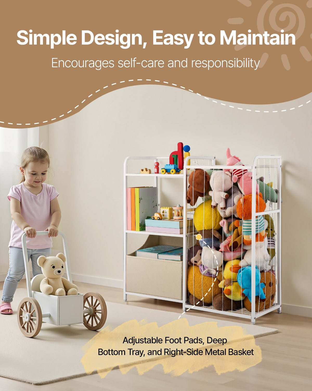 VEVOR Kids Bookshelf and Stuffed Animal Storage, Toy Storage Organizer, 2-Tier Book Shelf with Fabric Toy Chest, Toy Storage for Kids Room, Living Room, Entryway, Nursury, Preschool, White - ETCWJJGJS314FY77C001V0 - view 5