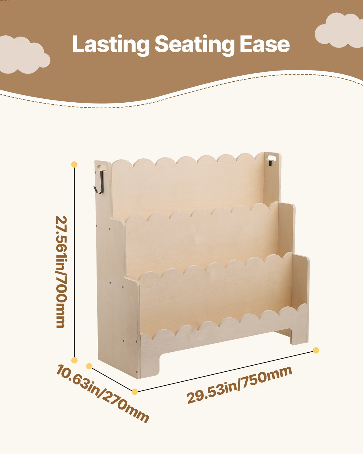 VEVOR Montessori Bookshelf, 3-Tier Scalloped Kids Bookshelf, Front Facing Toddler Bookcase, Dual Hooks for Hanging Backpacks, Baby Bookshelf for Kids Room, Living Room, Entryway, Nursury, Preschool - ETCWJJZMZ213NLXZJ001V0 - view 3