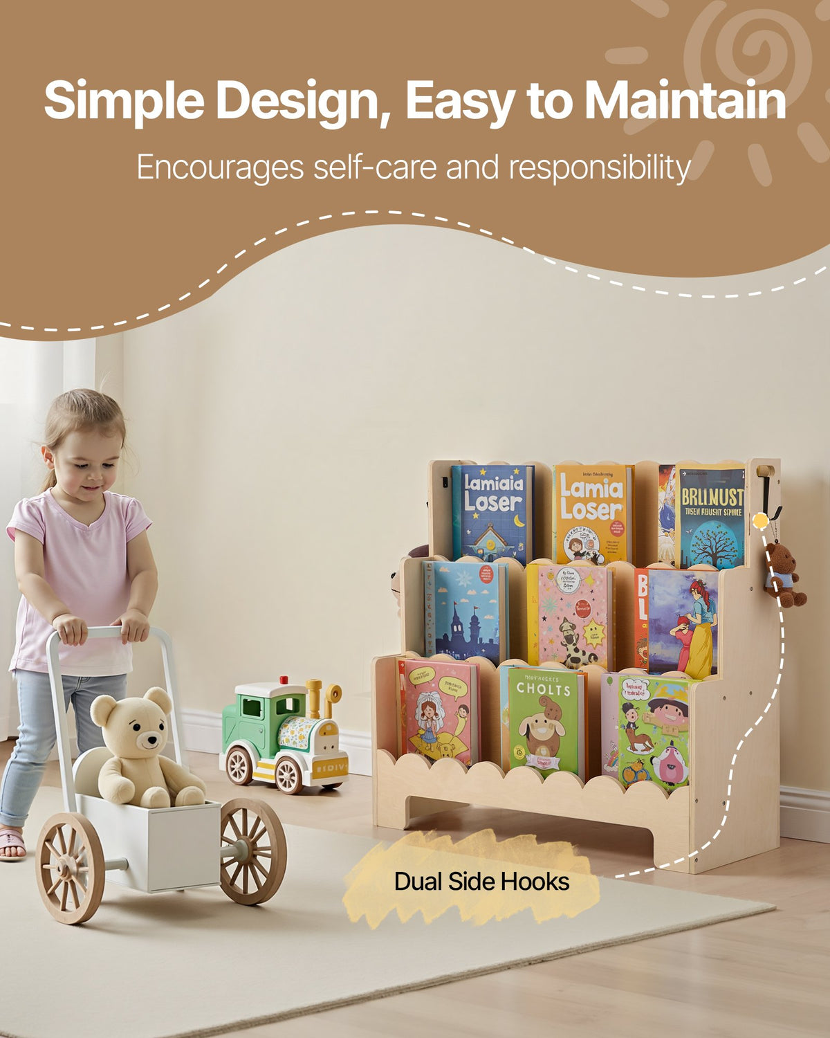 VEVOR Montessori Bookshelf, 3-Tier Scalloped Kids Bookshelf, Front Facing Toddler Bookcase, Dual Hooks for Hanging Backpacks, Baby Bookshelf for Kids Room, Living Room, Entryway, Nursury, Preschool - ETCWJJZMZ213NLXZJ001V0 - view 5