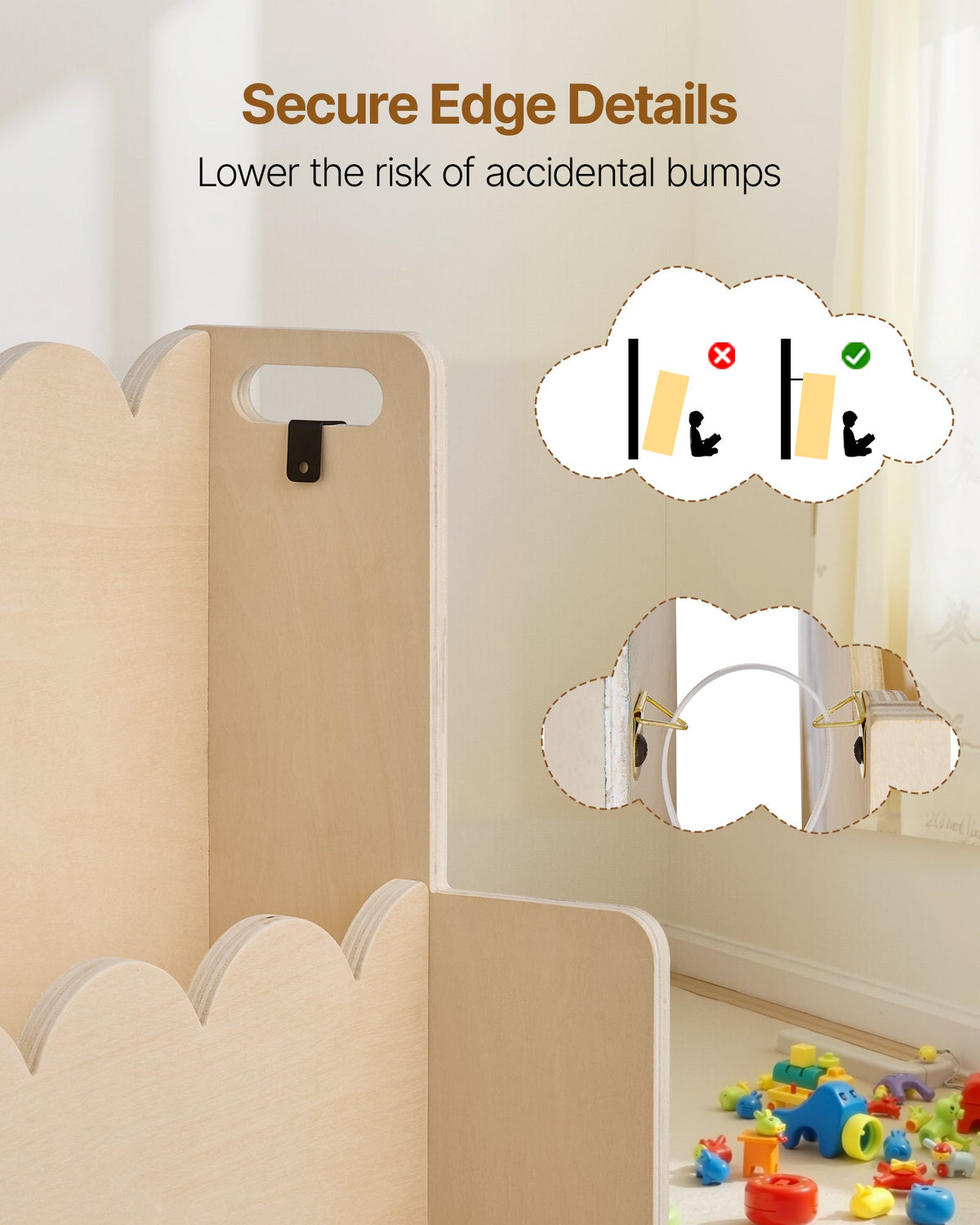 VEVOR Montessori Bookshelf, 3-Tier Scalloped Kids Bookshelf, Front Facing Toddler Bookcase, Dual Hooks for Hanging Backpacks, Baby Bookshelf for Kids Room, Living Room, Entryway, Nursury, Preschool - ETCWJJZMZ213NLXZJ001V0 - view 7