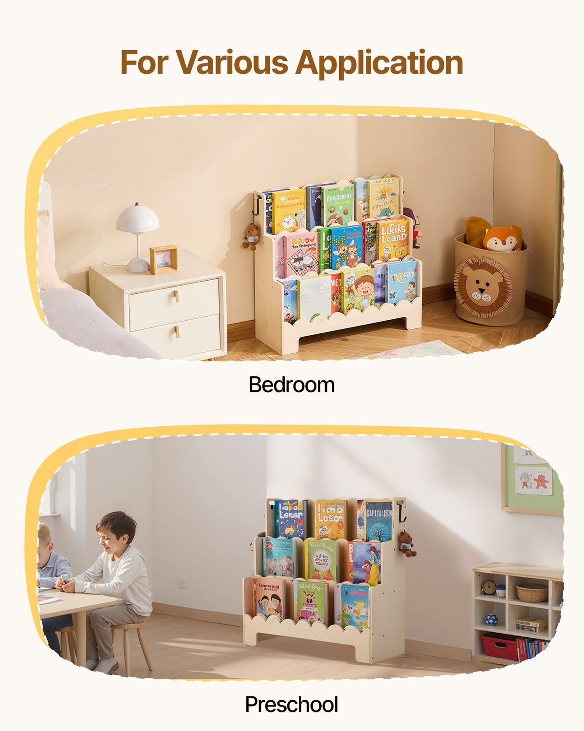 VEVOR Montessori Bookshelf, 3-Tier Scalloped Kids Bookshelf, Front Facing Toddler Bookcase, Dual Hooks for Hanging Backpacks, Baby Bookshelf for Kids Room, Living Room, Entryway, Nursury, Preschool - ETCWJJZMZ213NLXZJ001V0 - view 8