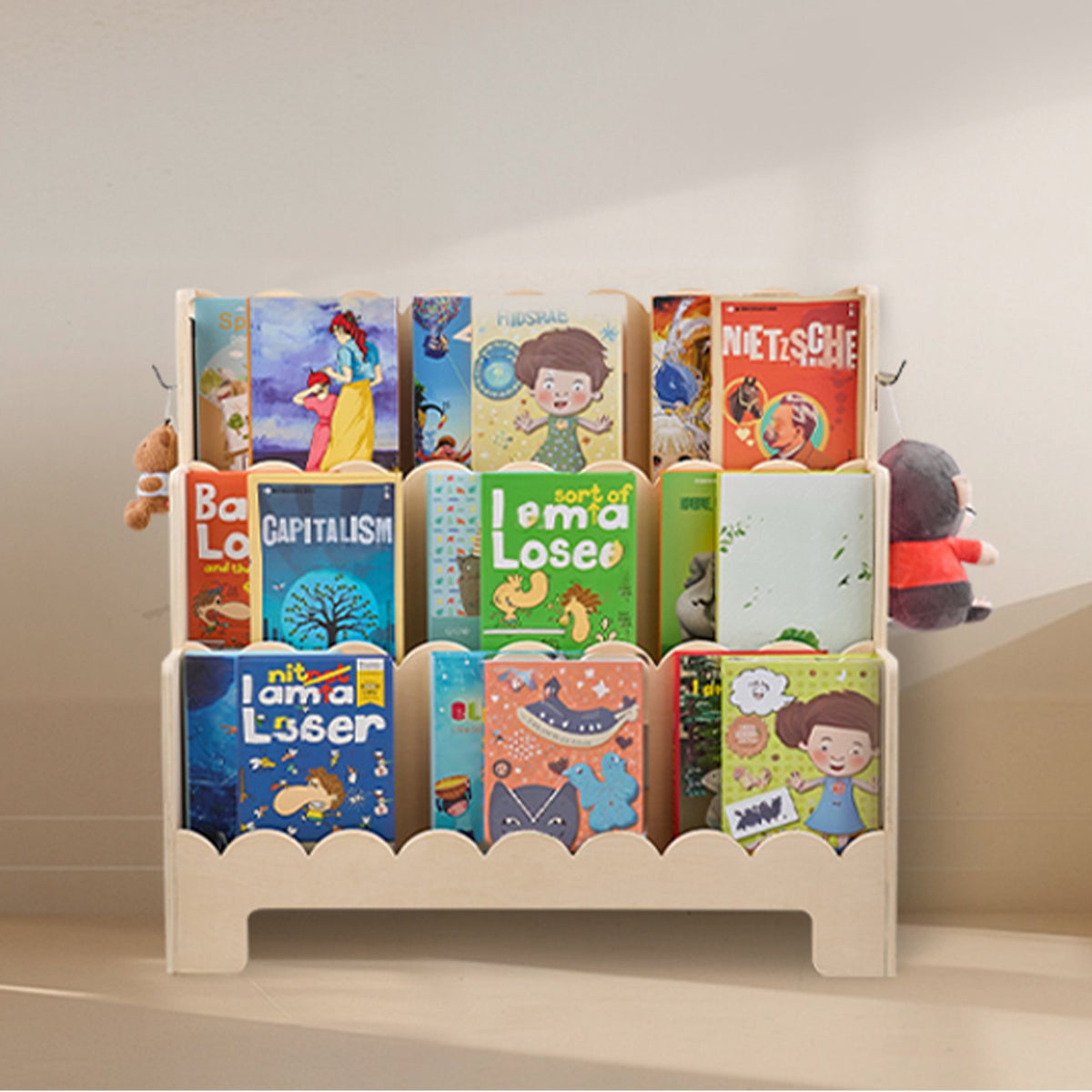 VEVOR Montessori Bookshelf, 3-Tier Scalloped Kids Bookshelf, Front Facing Toddler Bookcase, Dual Hooks for Hanging Backpacks, Baby Bookshelf for Kids Room, Living Room, Entryway, Nursury, Preschool - ETCWJJZMZ213NLXZJ001V0 - view 9