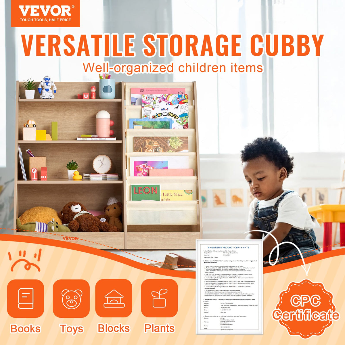 VEVOR 4-Tier Kids Wooden Bookshelf, Six-Layer Sling Bookcase, Baby Storage Book Rack, Book Toy Organizer Cabinet, for Kids Room, Playroom, Kindergarten, Nursery - ETCWSJ914714WFZI1V0 - view 3
