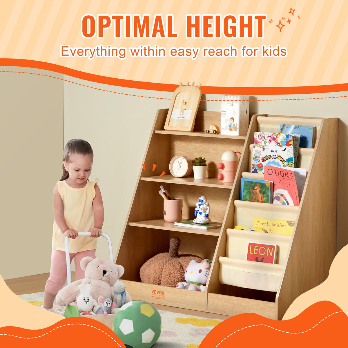 VEVOR 4-Tier Kids Wooden Bookshelf, Six-Layer Sling Bookcase, Baby Storage Book Rack, Book Toy Organizer Cabinet, for Kids Room, Playroom, Kindergarten, Nursery - ETCWSJ914714WFZI1V0 - view 4