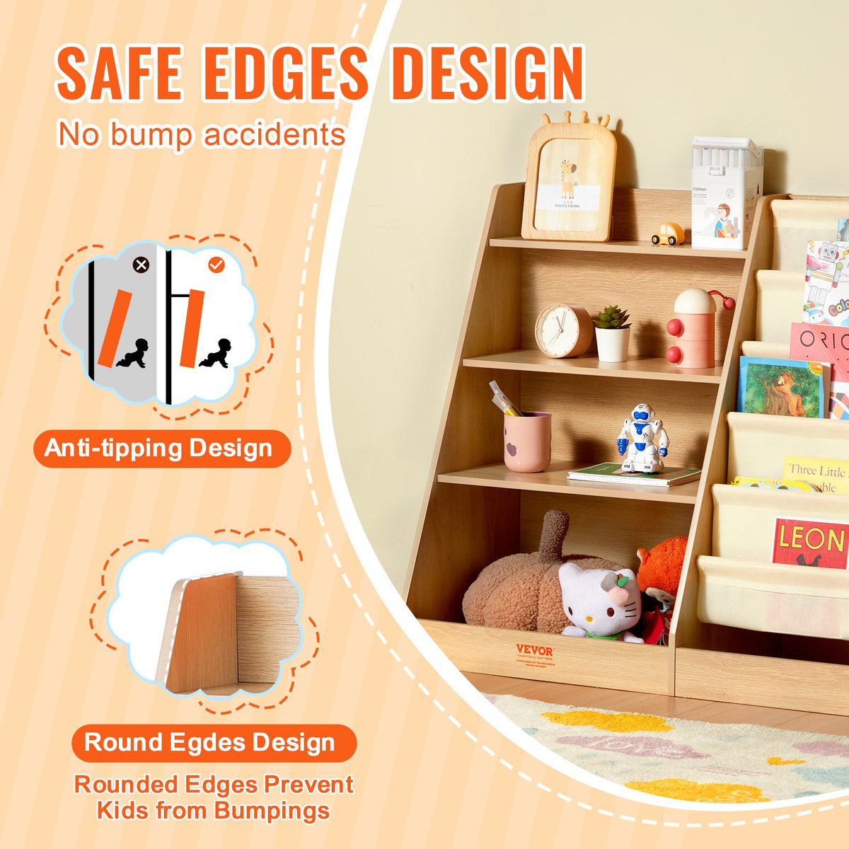 VEVOR 4-Tier Kids Wooden Bookshelf, Six-Layer Sling Bookcase, Baby Storage Book Rack, Book Toy Organizer Cabinet, for Kids Room, Playroom, Kindergarten, Nursery - ETCWSJ914714WFZI1V0 - view 5