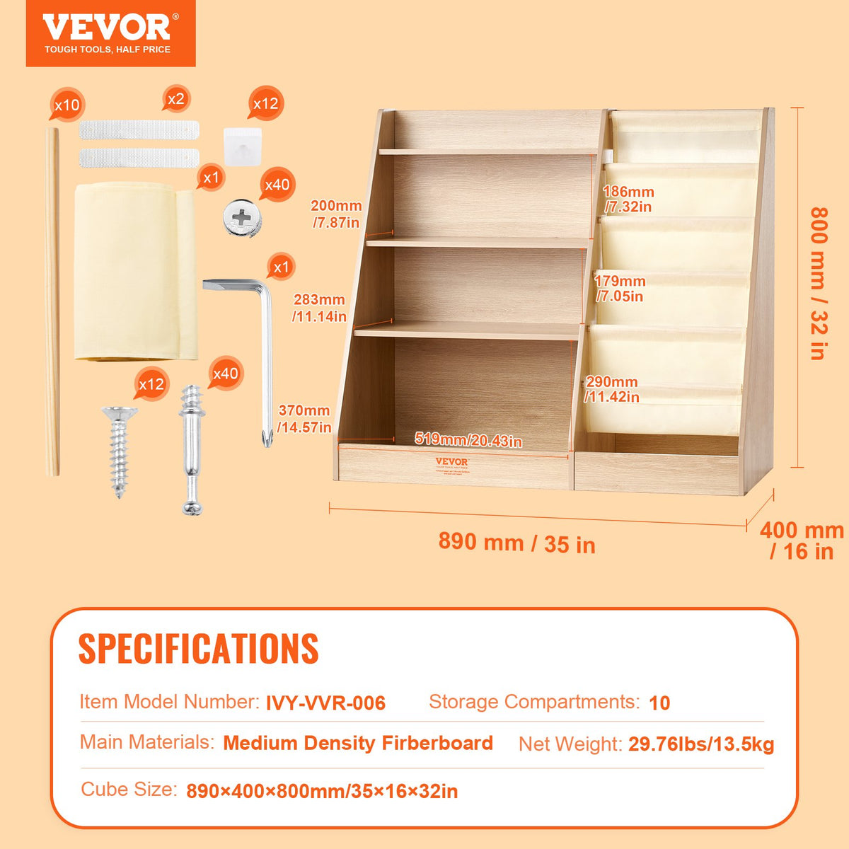 VEVOR 4-Tier Kids Wooden Bookshelf, Six-Layer Sling Bookcase, Baby Storage Book Rack, Book Toy Organizer Cabinet, for Kids Room, Playroom, Kindergarten, Nursery - ETCWSJ914714WFZI1V0 - view 8