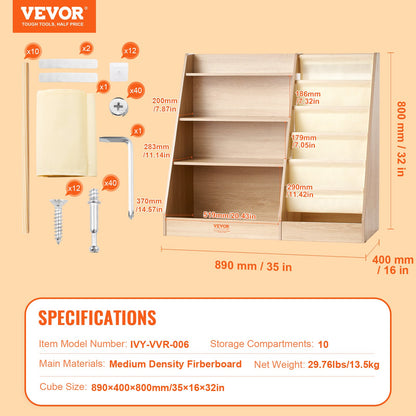 VEVOR 4-Tier Kids Wooden Bookshelf, Six-Layer Sling Bookcase, Baby Storage Book Rack, Book Toy Organizer Cabinet, for Kids Room, Playroom, Kindergarten, Nursery - ETCWSJ914714WFZI1V0 - view 8