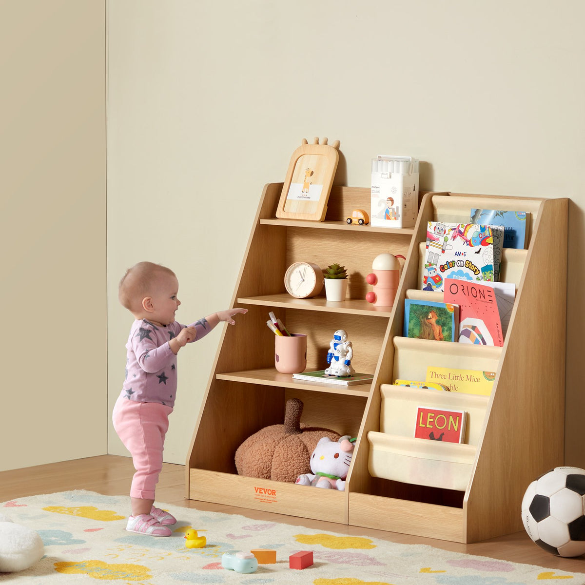 VEVOR 4-Tier Kids Wooden Bookshelf, Six-Layer Sling Bookcase, Baby Storage Book Rack, Book Toy Organizer Cabinet, for Kids Room, Playroom, Kindergarten, Nursery - ETCWSJ914714WFZI1V0 - view 9