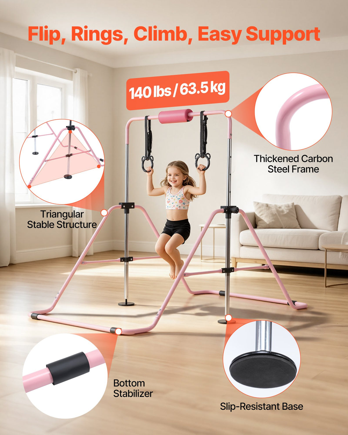 VEVOR Gymnastic Bars for Kids, 140 lbs Capacity Folding Training Kip Bar, Adjustable Height Gymnastic Horizontal Bar for Home, Training Equipment for Indoor and Outdoor, Easy to Assemble, Pink - ETDGBDDZKZD5XZYS3001V0 - view 4