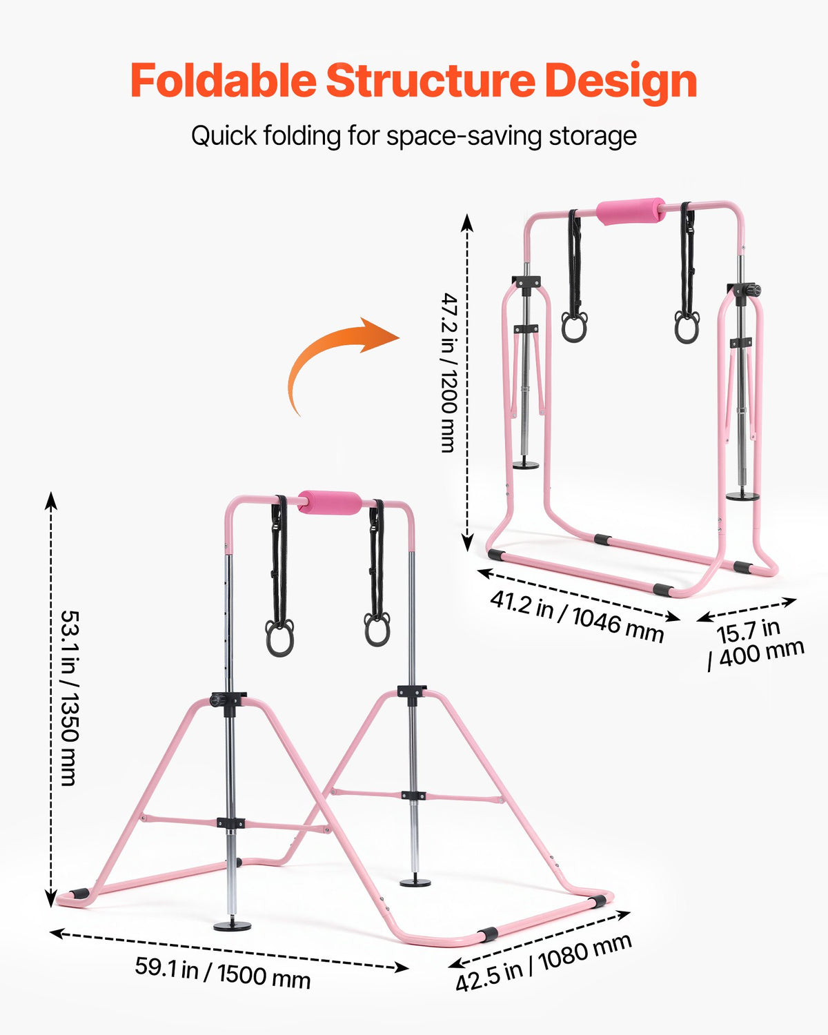 VEVOR Gymnastic Bars for Kids, 140 lbs Capacity Folding Training Kip Bar, Adjustable Height Gymnastic Horizontal Bar for Home, Training Equipment for Indoor and Outdoor, Easy to Assemble, Pink - ETDGBDDZKZD5XZYS3001V0 - view 7