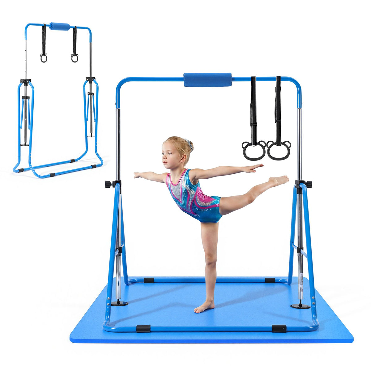 VEVOR Gymnastic Bars for Kids, 140 lbs Capacity Folding Training Kip Bar with Mat, Adjustable Height Gymnastic Horizontal Bar for Home, Training Equipment for Indoor Outdoor, Easy to Assemble, Blue - ETDGDDZKZD57NJ3XZ001V0 - view 1