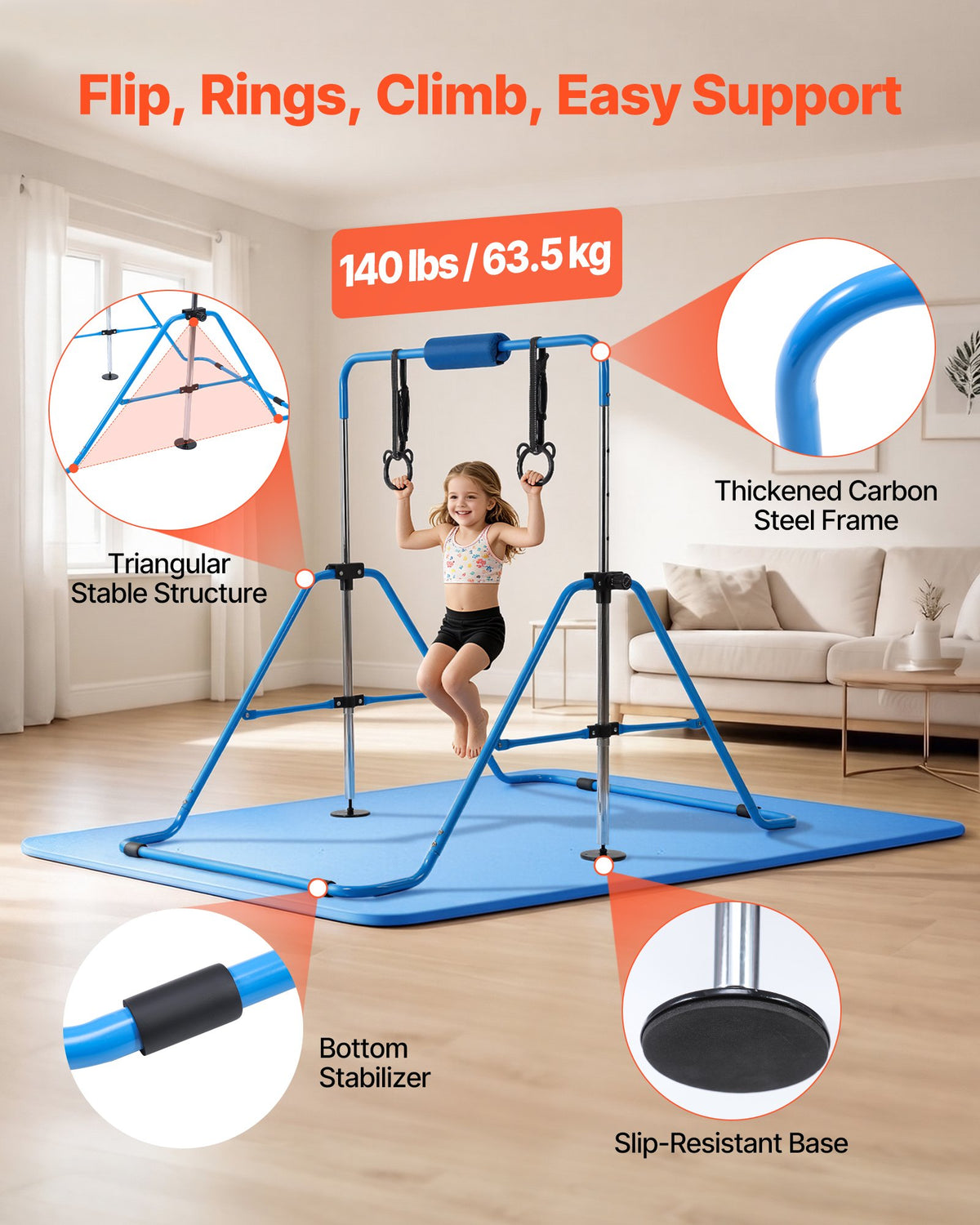 VEVOR Gymnastic Bars for Kids, 140 lbs Capacity Folding Training Kip Bar with Mat, Adjustable Height Gymnastic Horizontal Bar for Home, Training Equipment for Indoor Outdoor, Easy to Assemble, Blue - ETDGDDZKZD57NJ3XZ001V0 - view 4