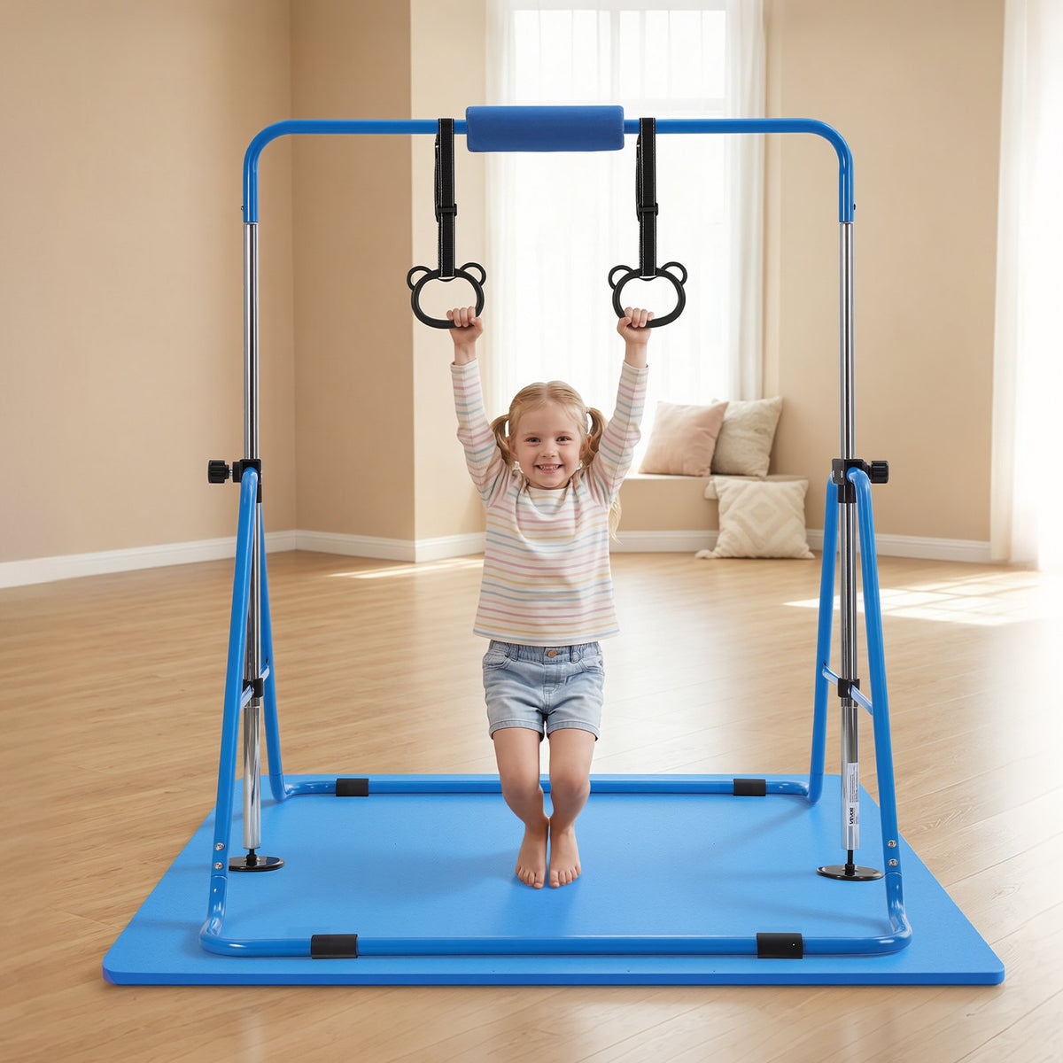 VEVOR Gymnastic Bars for Kids, 140 lbs Capacity Folding Training Kip Bar with Mat, Adjustable Height Gymnastic Horizontal Bar for Home, Training Equipment for Indoor Outdoor, Easy to Assemble, Blue - ETDGDDZKZD57NJ3XZ001V0 - view 9
