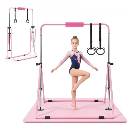 VEVOR Gymnastic Bars for Kids, 140 lbs Capacity Folding Training Kip Bar with Mat, Adjustable Height Gymnastic Horizontal Bar for Home, Training Equipment for Indoor Outdoor, Easy to Assemble, Pink - ETDGDDZKZD57WGX30001V0 - view 2