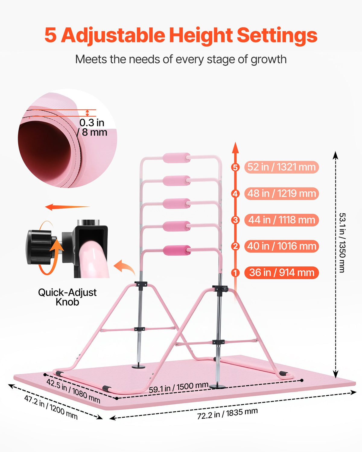 VEVOR Gymnastic Bars for Kids, 140 lbs Capacity Folding Training Kip Bar with Mat, Adjustable Height Gymnastic Horizontal Bar for Home, Training Equipment for Indoor Outdoor, Easy to Assemble, Pink - ETDGDDZKZD57WGX30001V0 - view 3