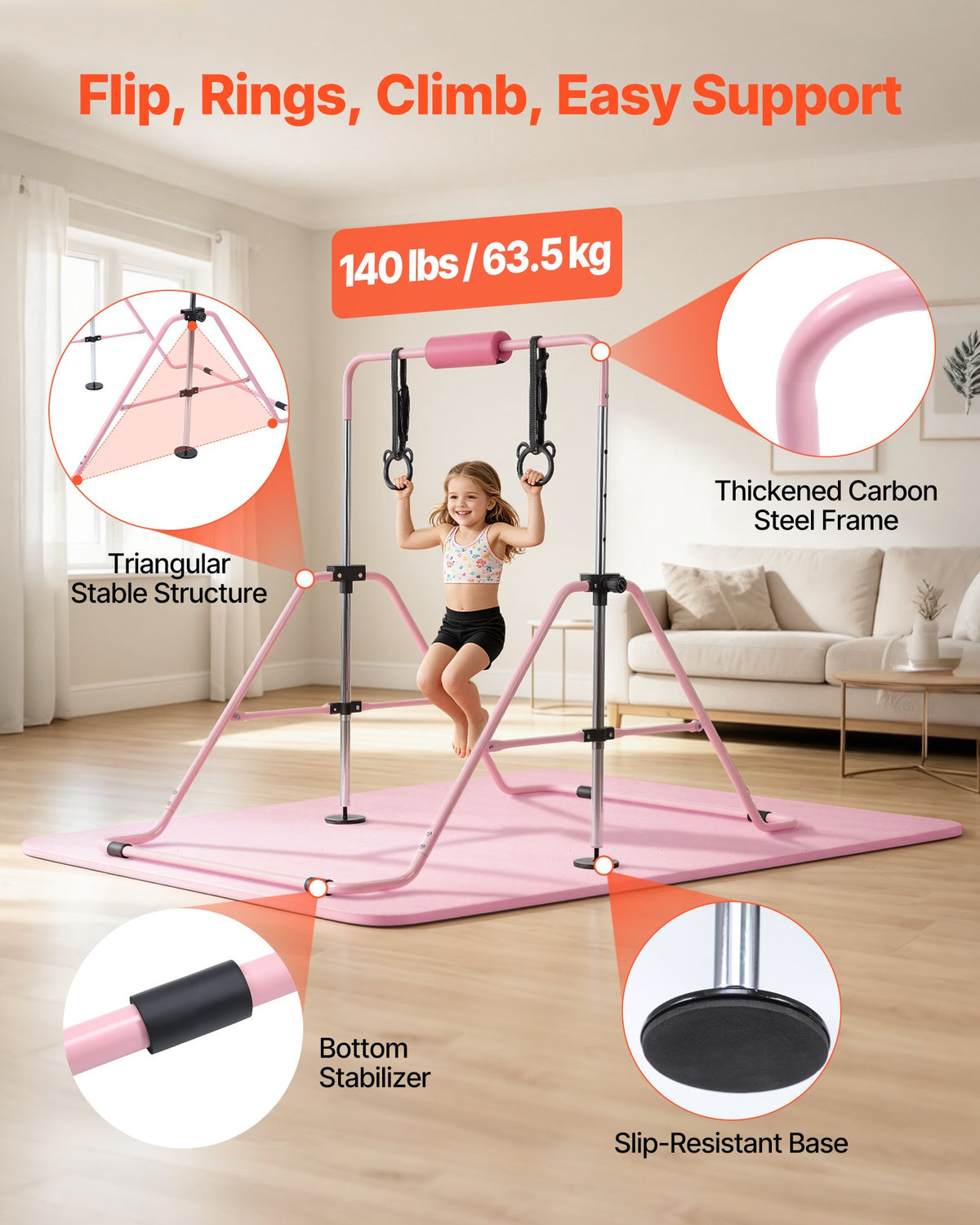 VEVOR Gymnastic Bars for Kids, 140 lbs Capacity Folding Training Kip Bar with Mat, Adjustable Height Gymnastic Horizontal Bar for Home, Training Equipment for Indoor Outdoor, Easy to Assemble, Pink - ETDGDDZKZD57WGX30001V0 - view 4