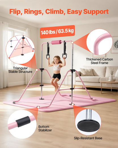 VEVOR Gymnastic Bars for Kids, 140 lbs Capacity Folding Training Kip Bar with Mat, Adjustable Height Gymnastic Horizontal Bar for Home, Training Equipment for Indoor Outdoor, Easy to Assemble, Pink - ETDGDDZKZD57WGX30001V0 - view 4